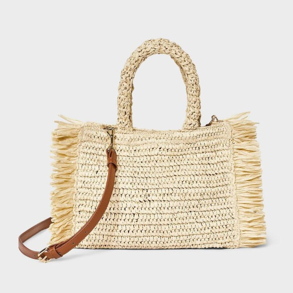 Straw Fringe Small Detachable Strap Crossbody Tote Handbag - Natural